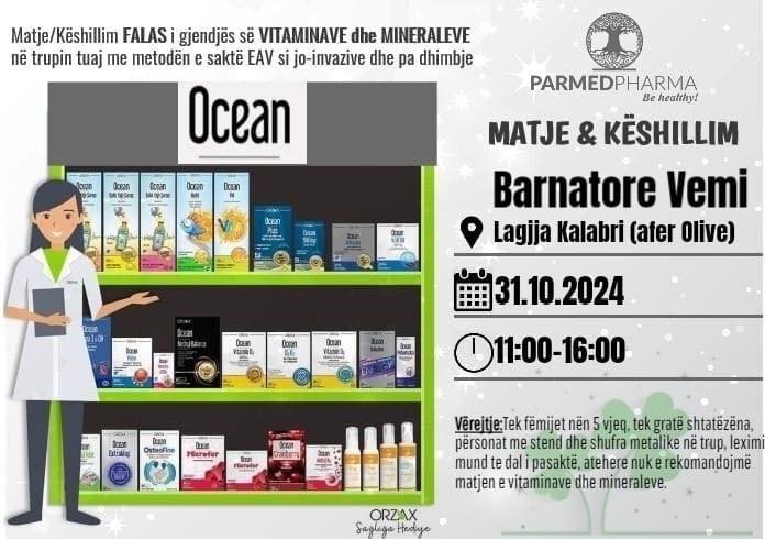 Ju njoftojme se me date 31/10/2024 nga ora 11:00- 16:00 ne barnatoren tone behet matja e Vitaminave dhe Mineraleve FALAS.