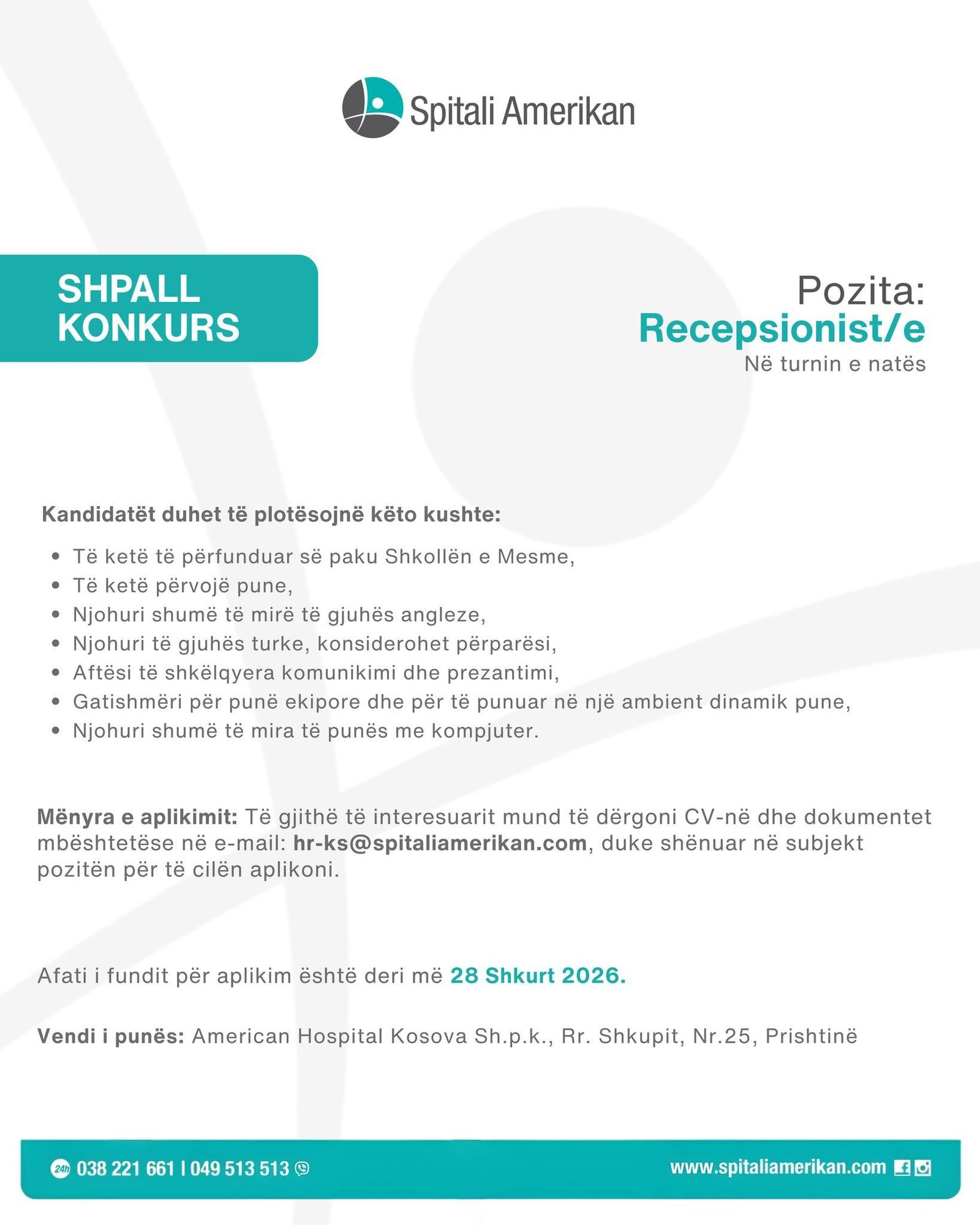 Spitali Amerikan shpall konkurs për punë!