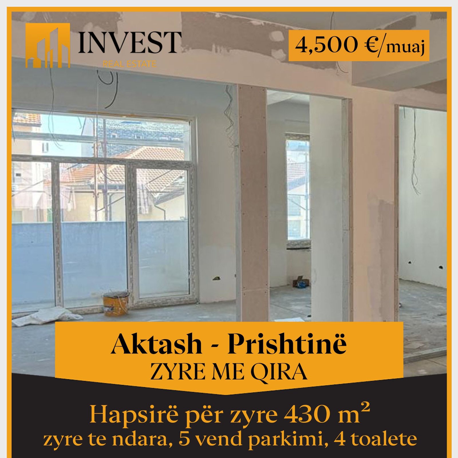 Jepet me qira hapsira per zyre me siperfaqe prej 430m2