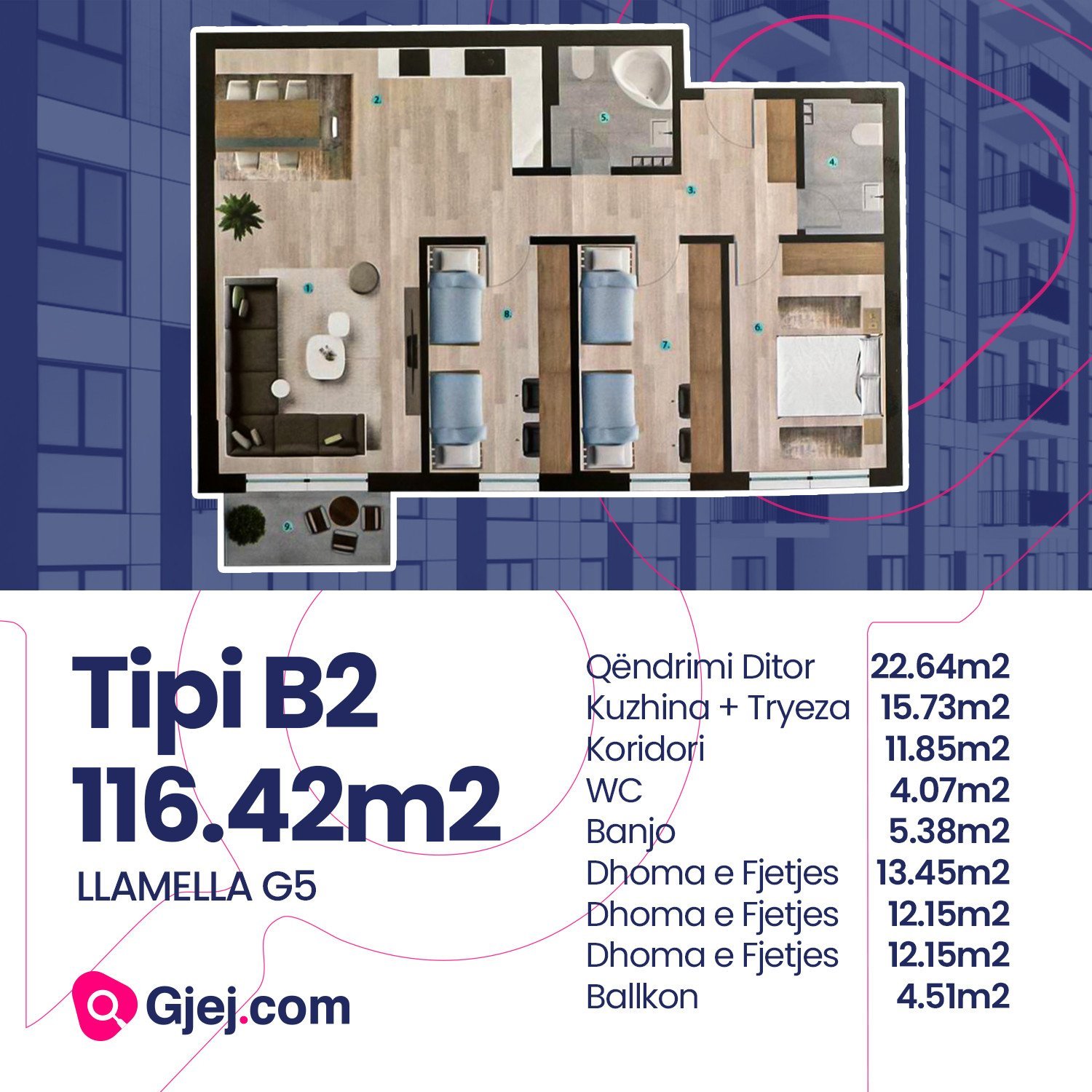 Tipi B2/Banesë në shitje 116.42 m2 PRISHTINA E RE