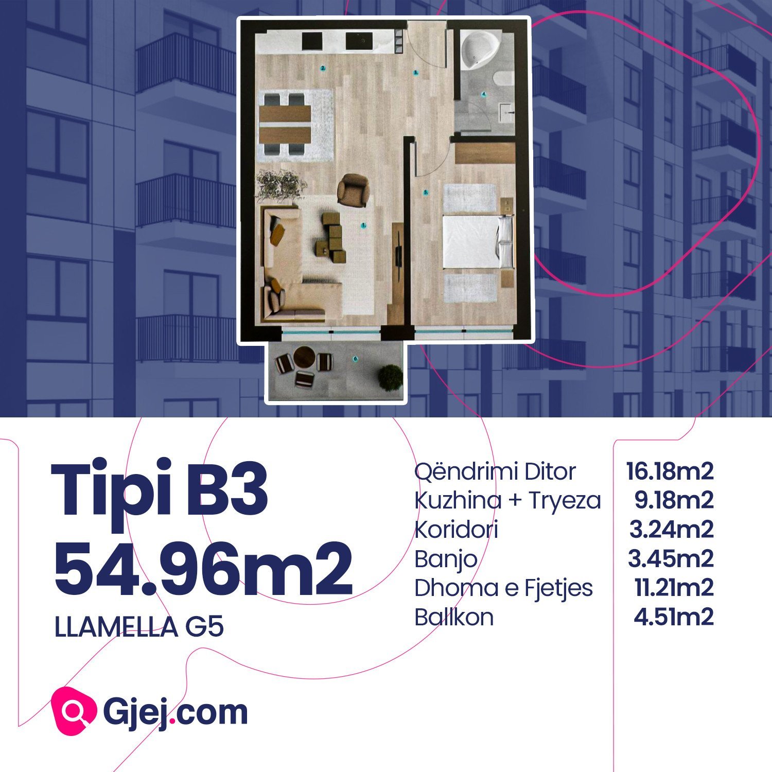 Tipi B3/Banesë në shitje 54.96m2 PRISHTINA E RE