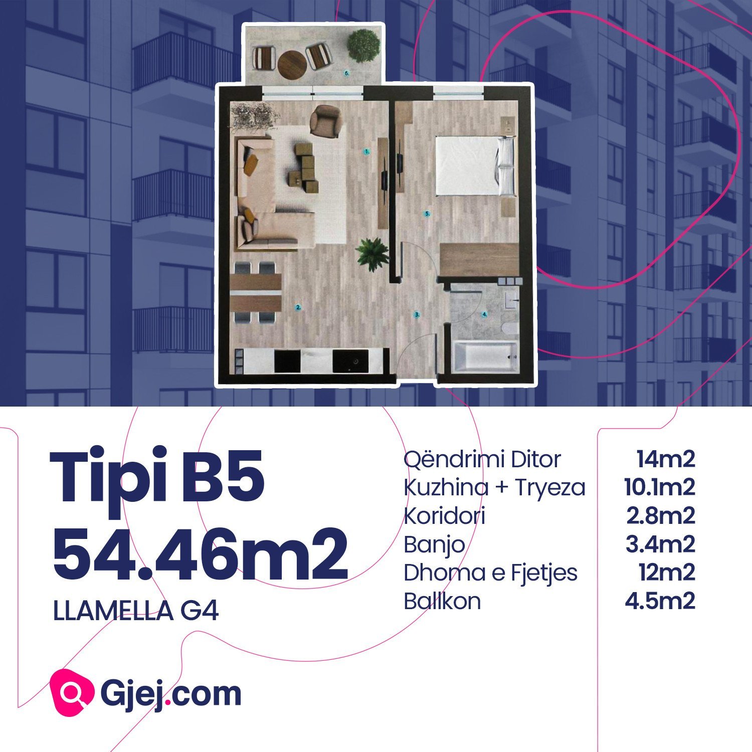 Tipi B5/ Banesë në shitje 54.46 m2 PRISHTINA E RE