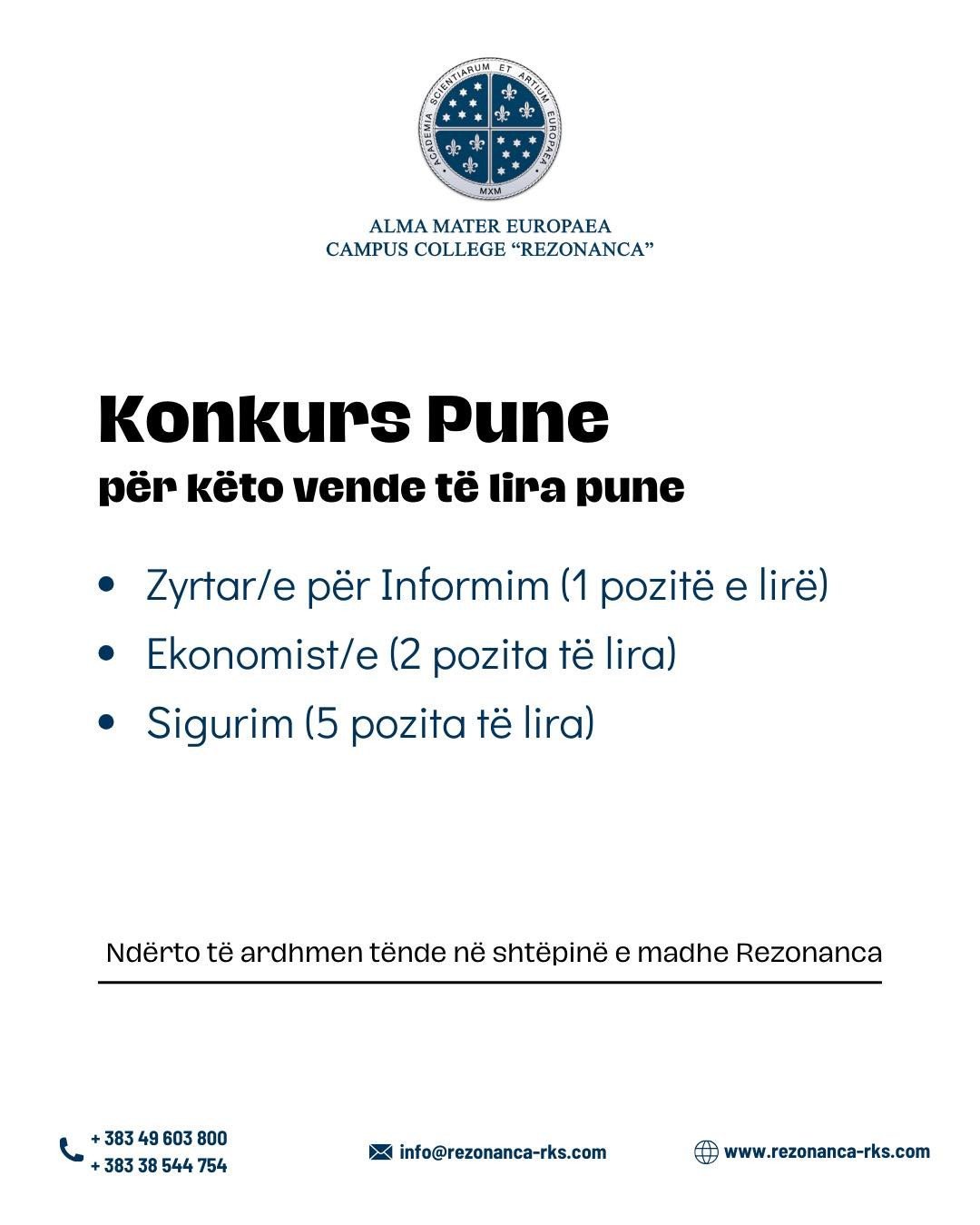 Konkurs për plotësimin e vendeve të punës