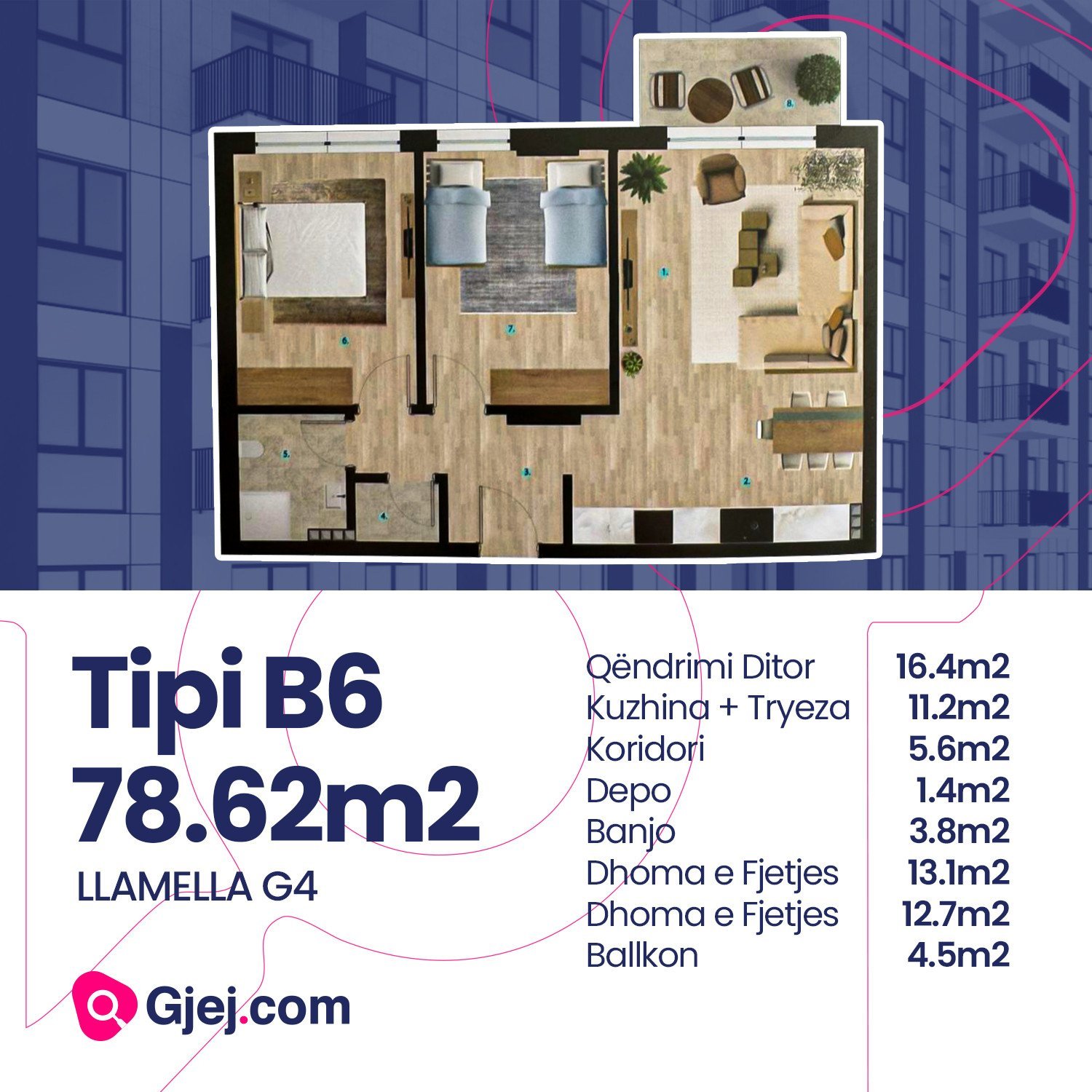 Tipi B6/ Banesë në shitje 78.62 m2 PRISHTINA E RE