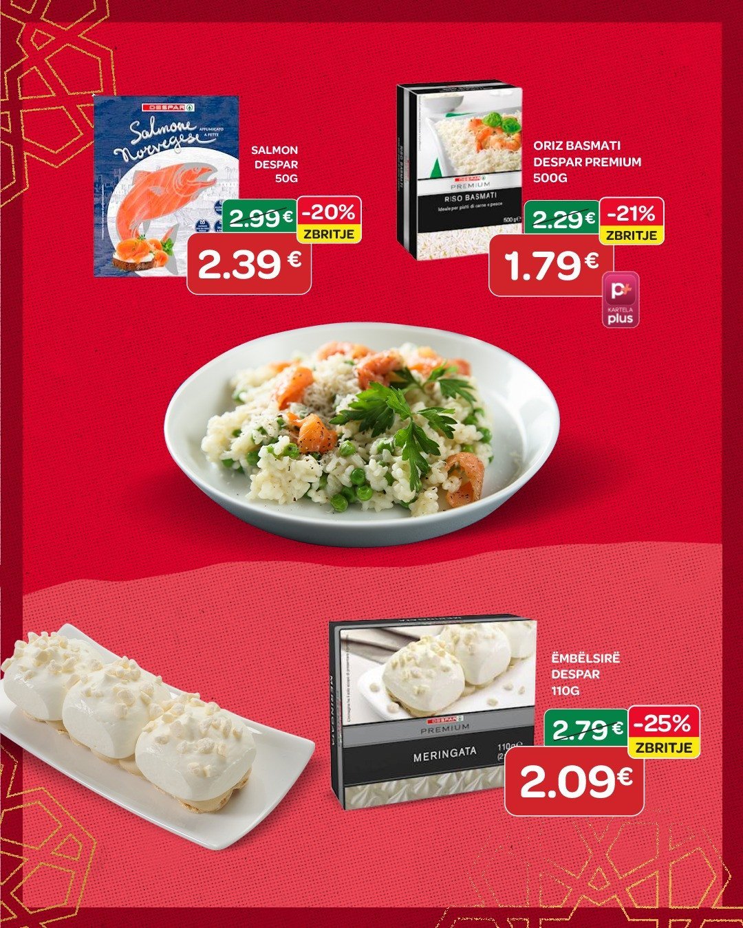 Rizoti basmati me salmon të tymosur dhe meringata krokante