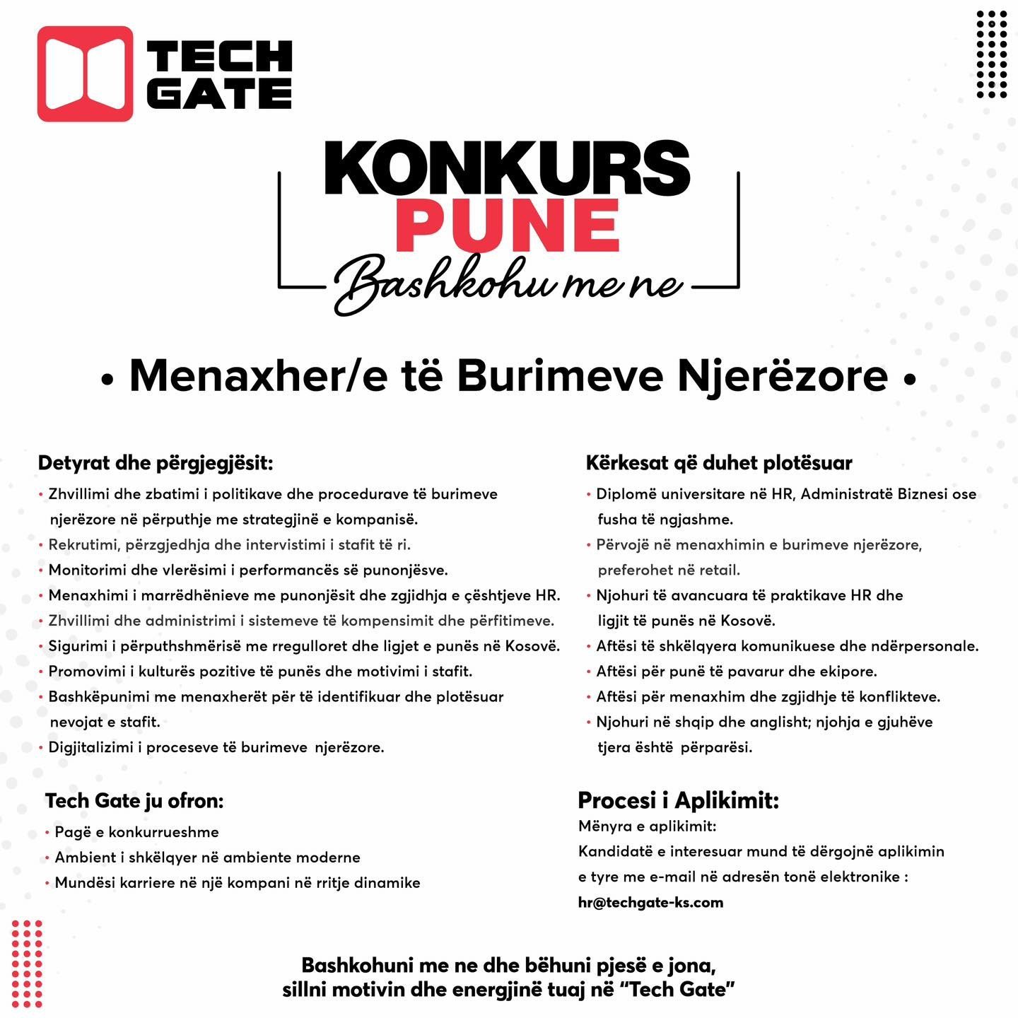 Tech Gate po kërkon Menaxher/e të Burimeve Njerëzore