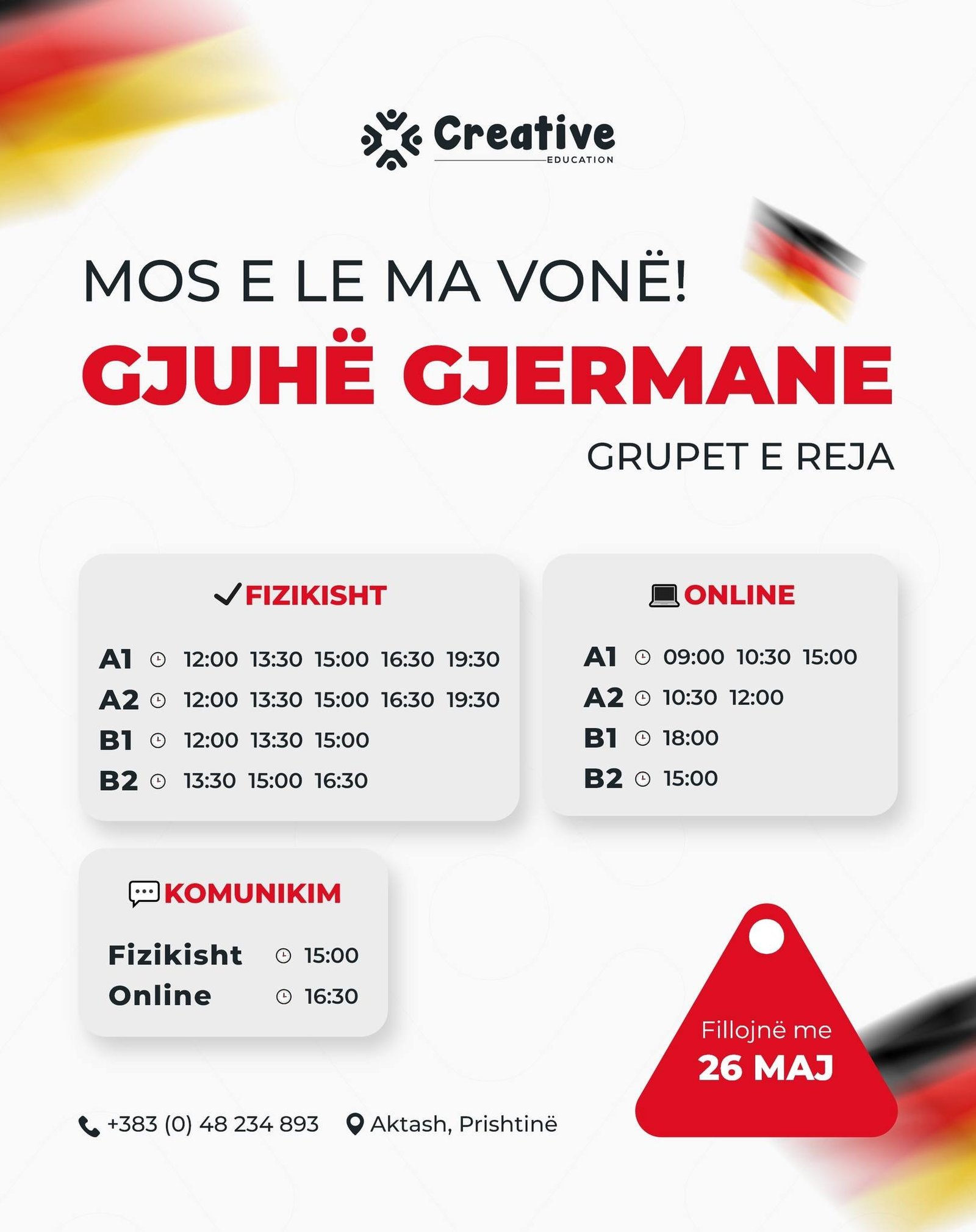 Grupet e reja për gjuhën gjermane fillojnë më 26 MAJ në Creative Education