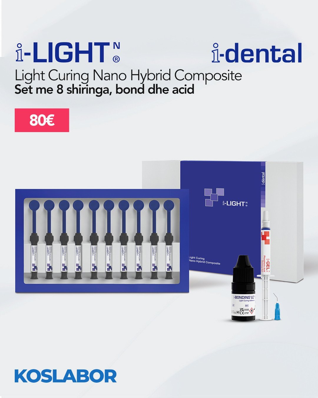 Kompozita dentare i-LIGHT - Set me 8 shiringa, bond dhe acid