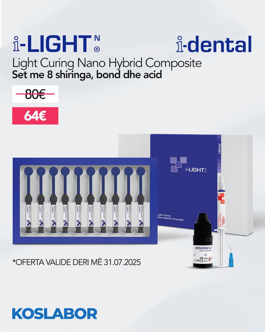 Kompozita dentare i-LIGHT - Set me 8 shiringa, bond dhe acid