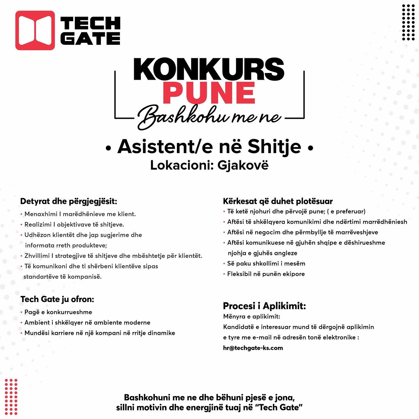Tech Gate po kerkon asistent/e në shitje