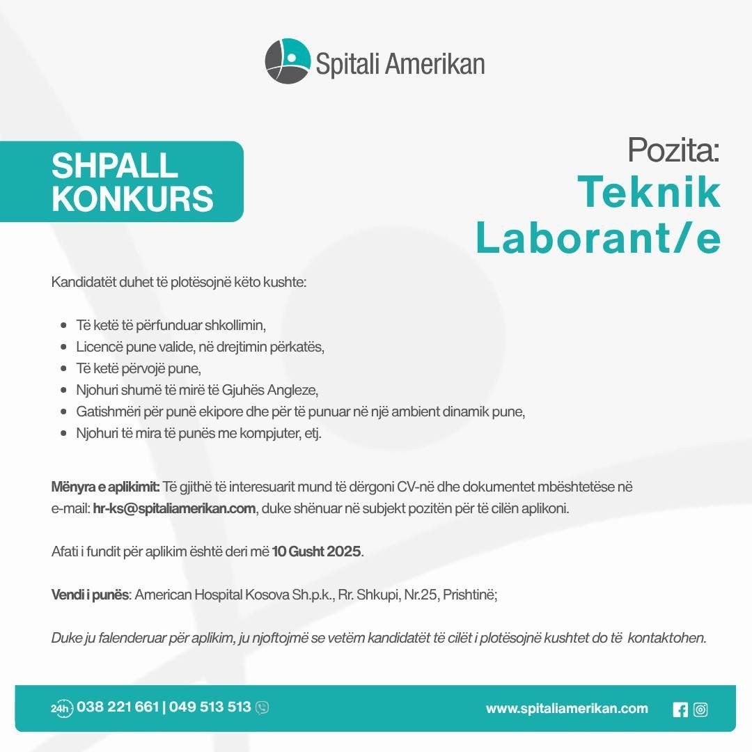 Pozitë e lirë pune: Teknik Laborant/e