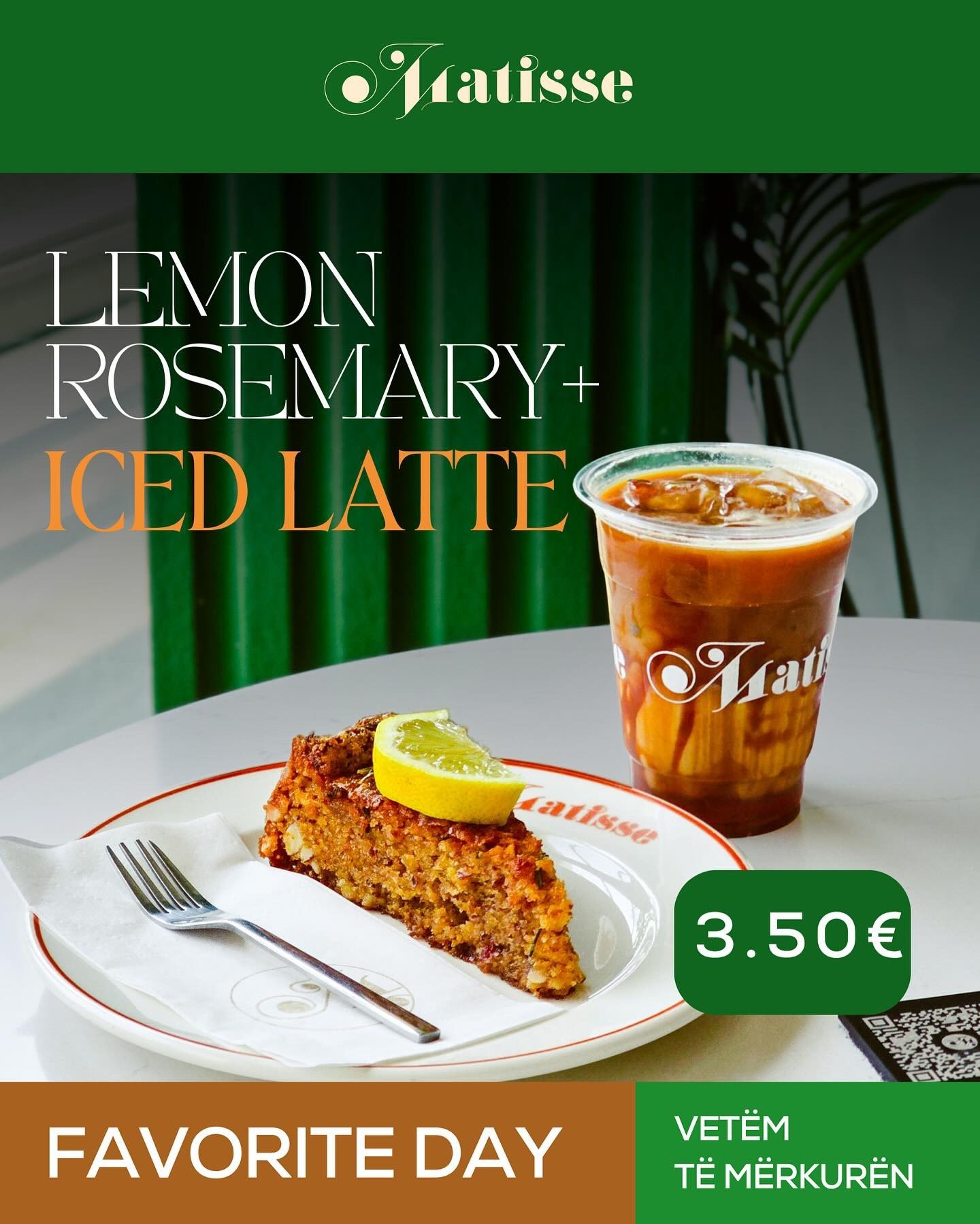 Një copë Lemon Rosemary cake, një Iced Latte me akull