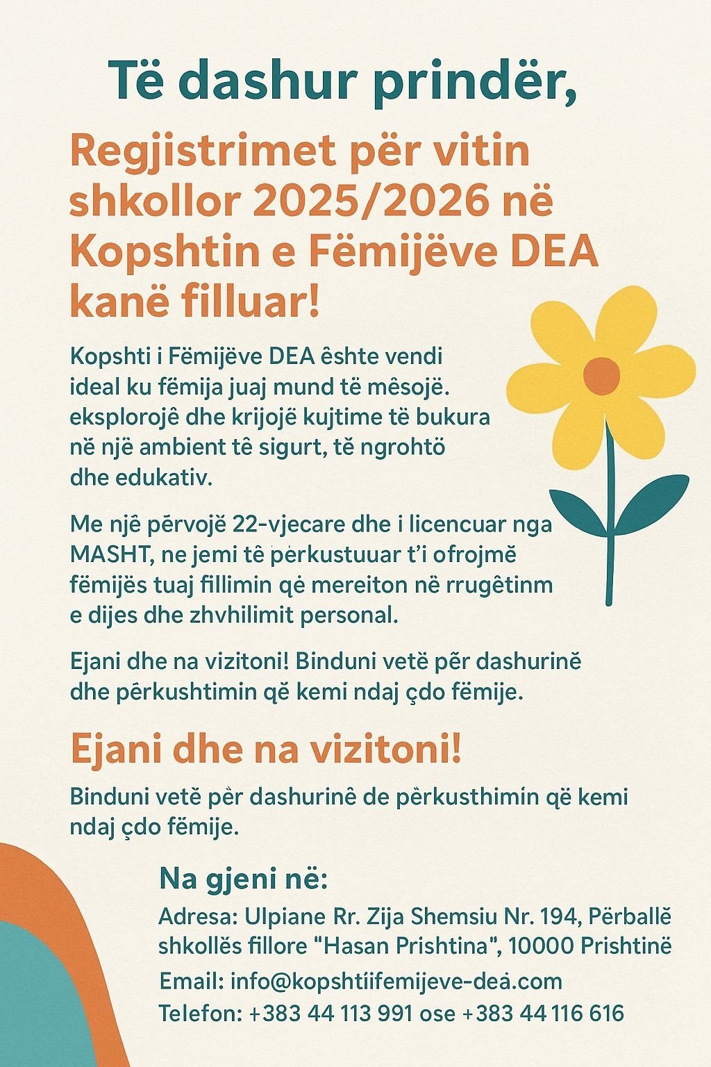 Regjistrimet për vitin shkollor 2025/2026 në Kopshtin e Fëmijëve DEA kanë filluar!