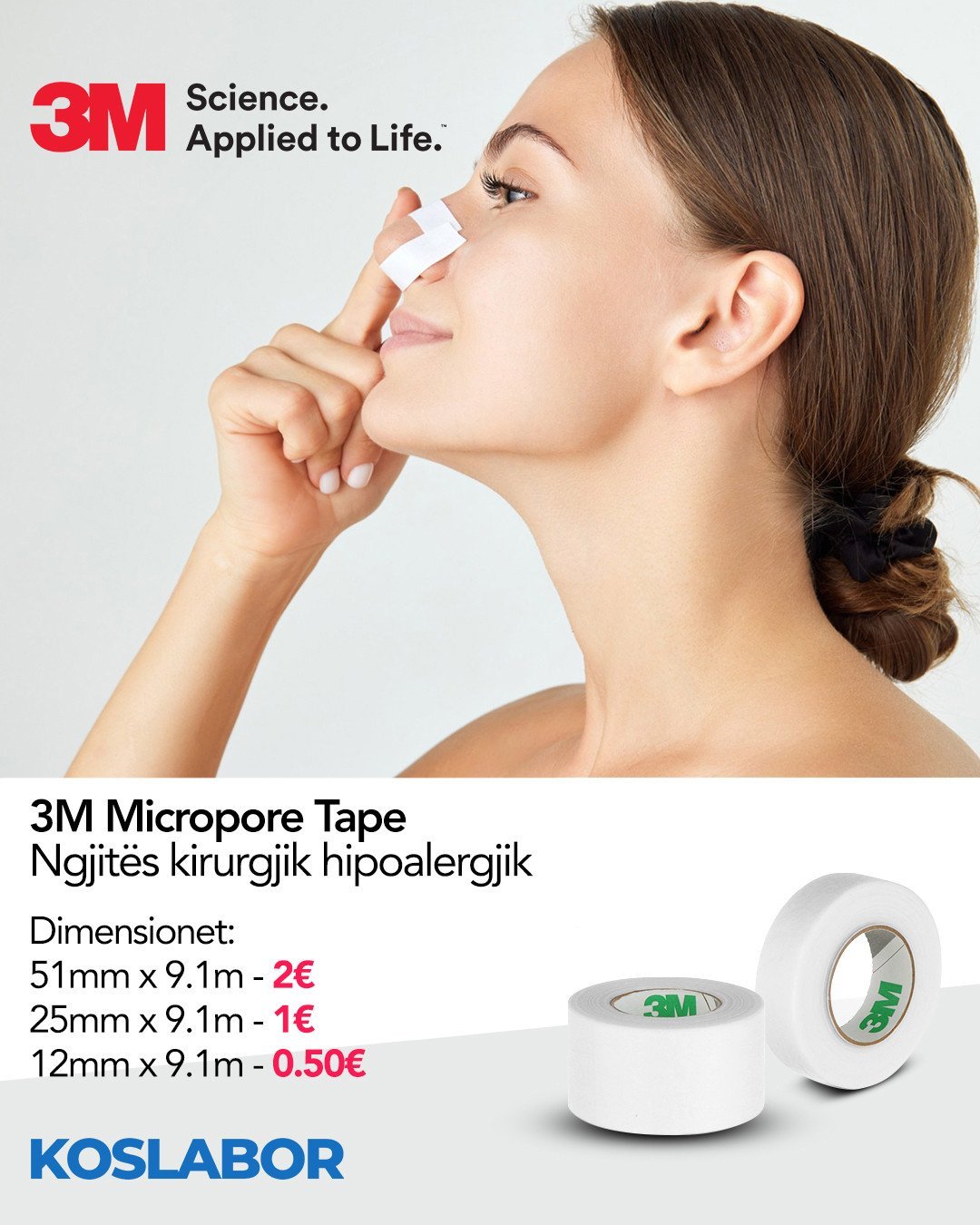 Plaster hipoallergjik 3M Micropore - përdoret pas operacioneve rinoplastike