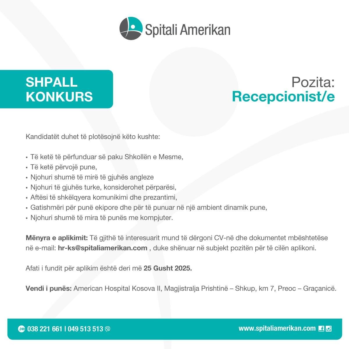 VEND I LIRE PUNE- Pozita: Recepsionist/e