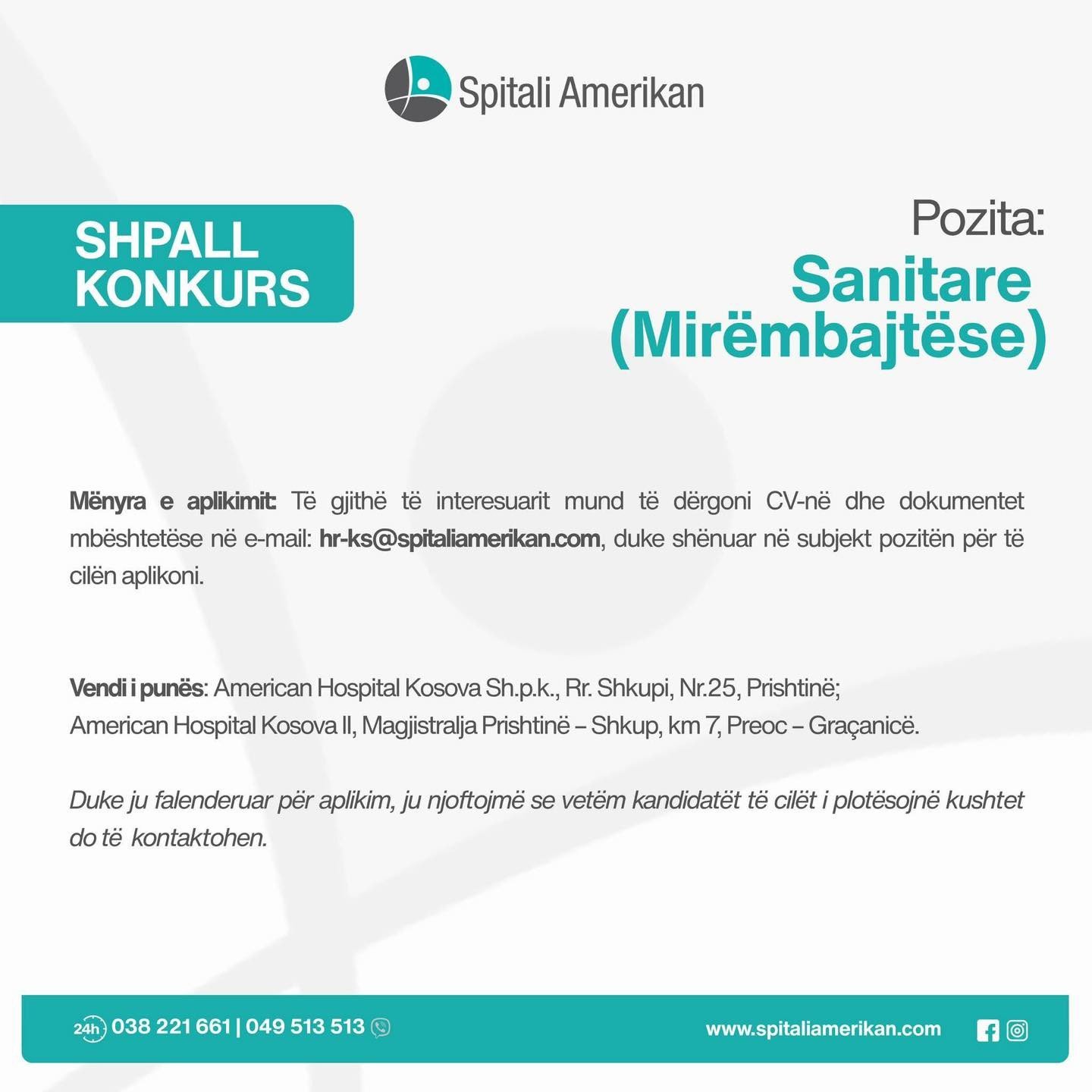 KONKURS PUNE – SANITARE (Mirëmbajtëse)