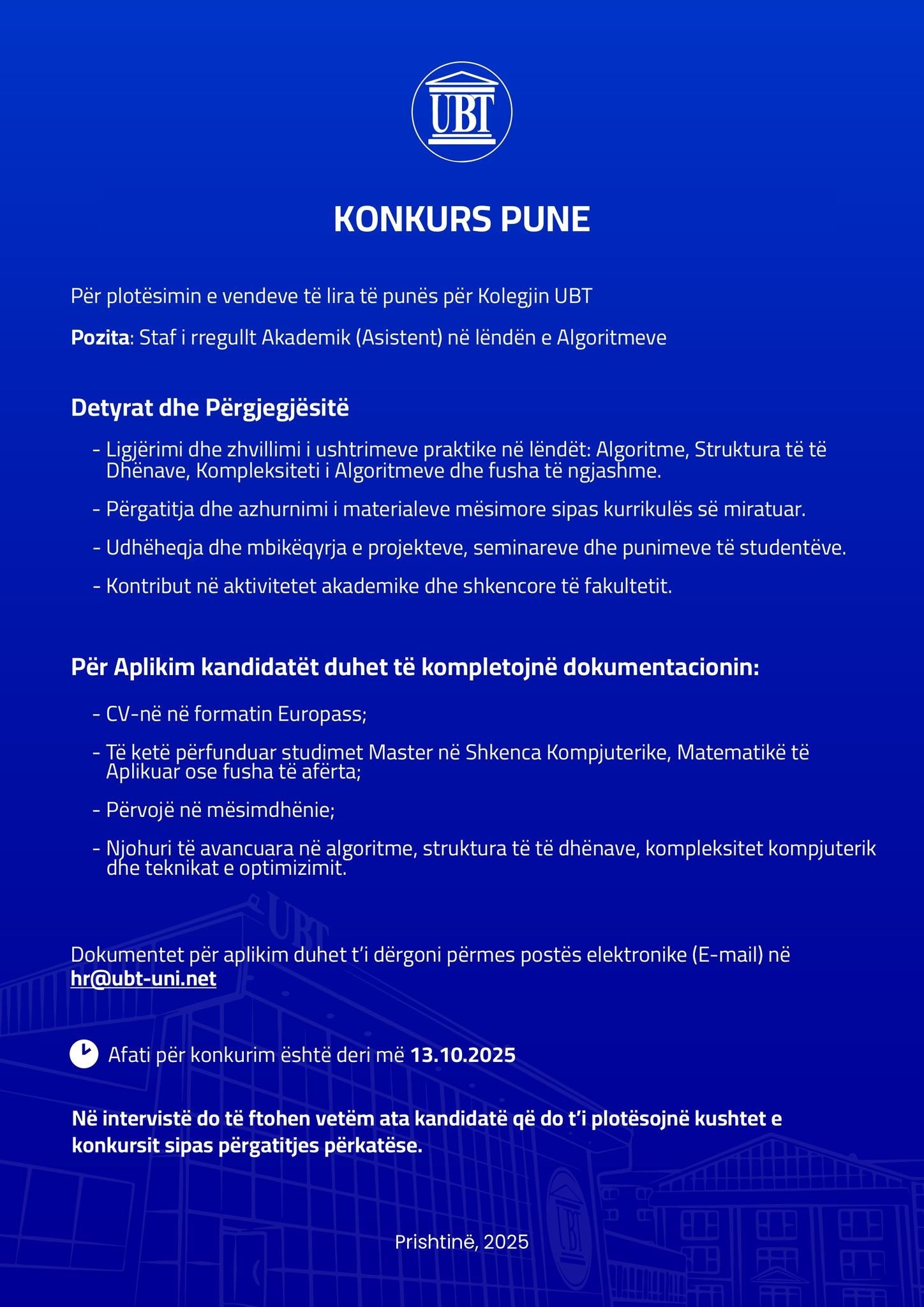 UBT ka hapur konkurs për plotësimin e vendeve të lira të punës