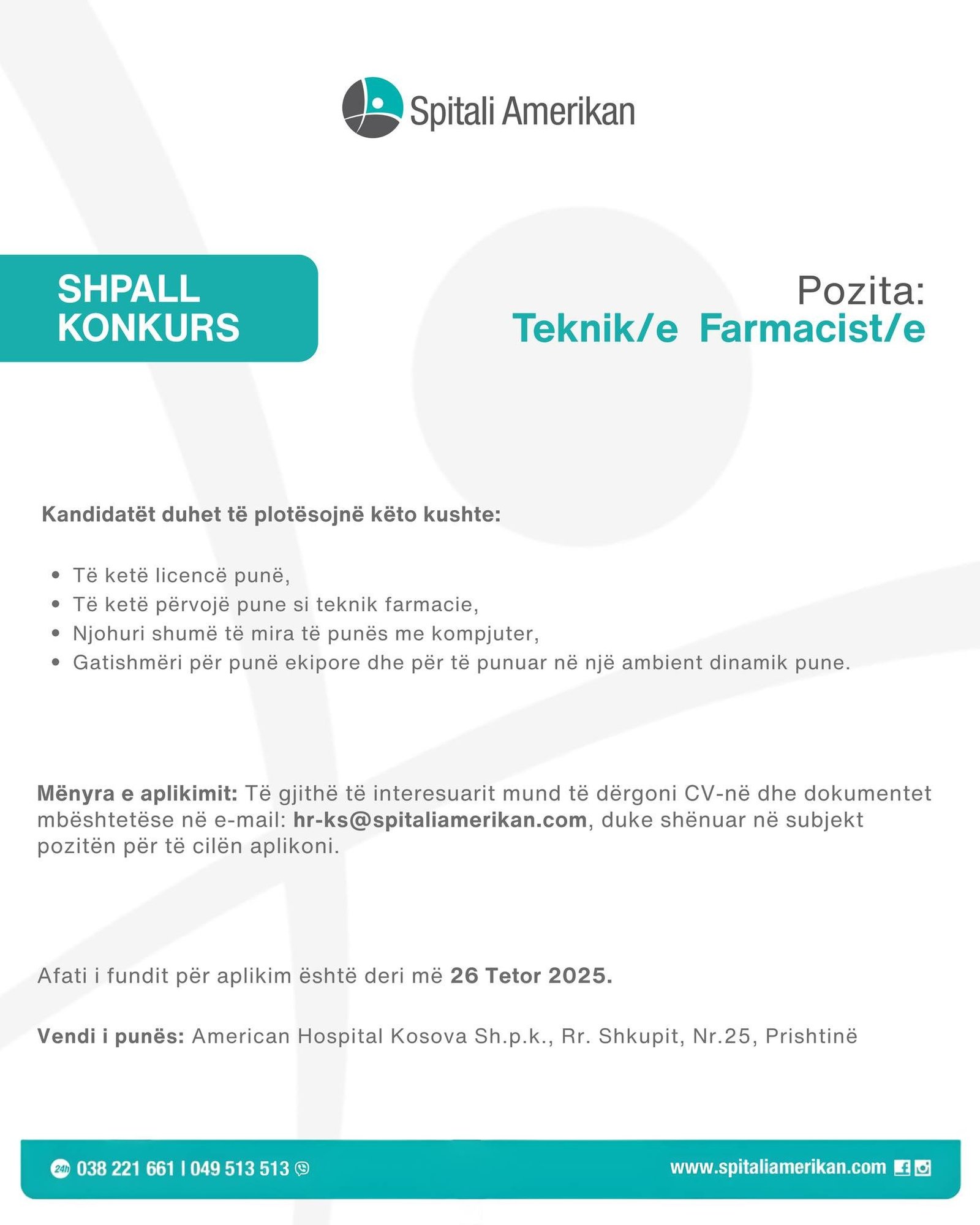 KONKURS PUNE – Spitali Amerikan në Prishtinë