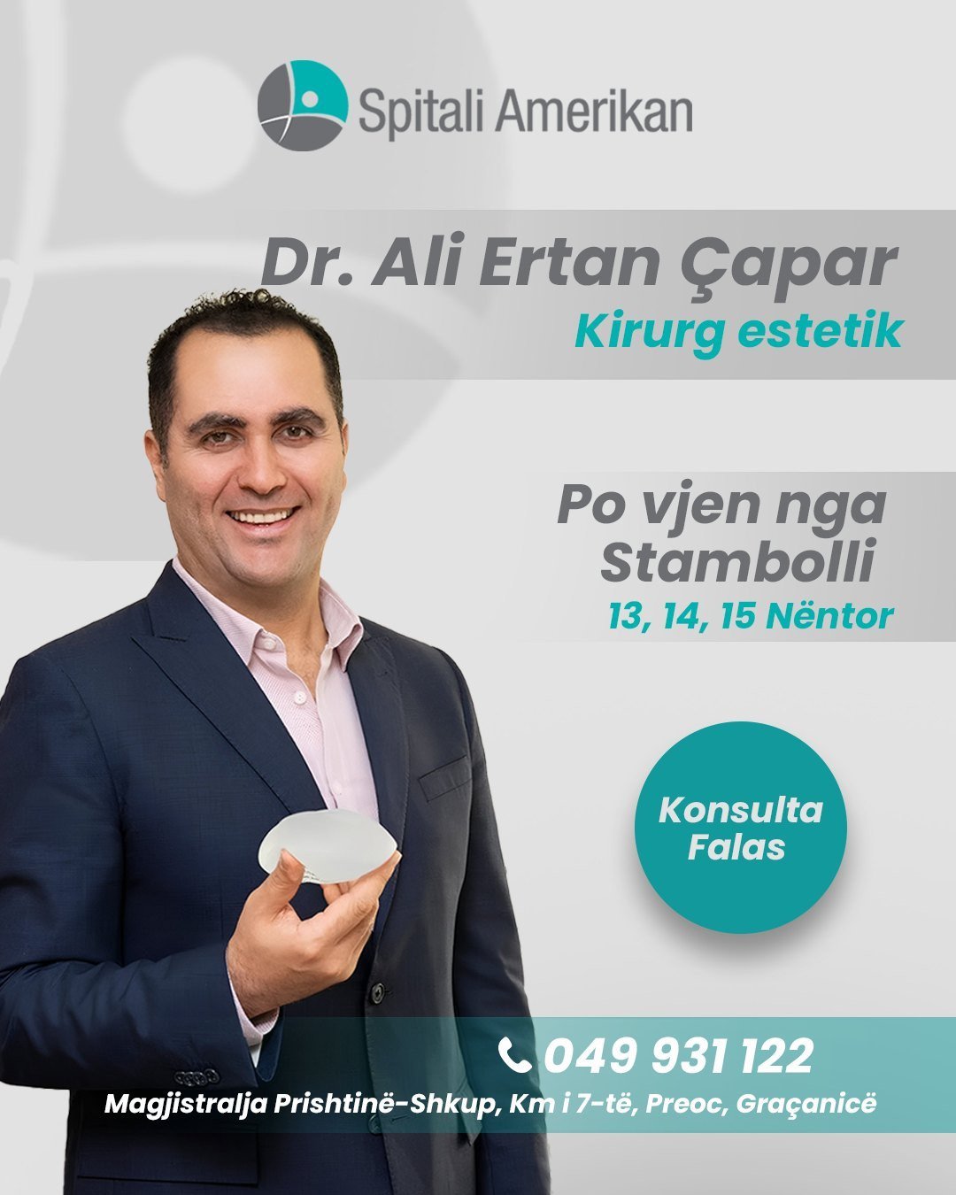 Dr. Ali Ertan ÇAPAR –Kirurg plastik nga Turqia, në Kosovë me 13, 14 dhe 15 Nëntor