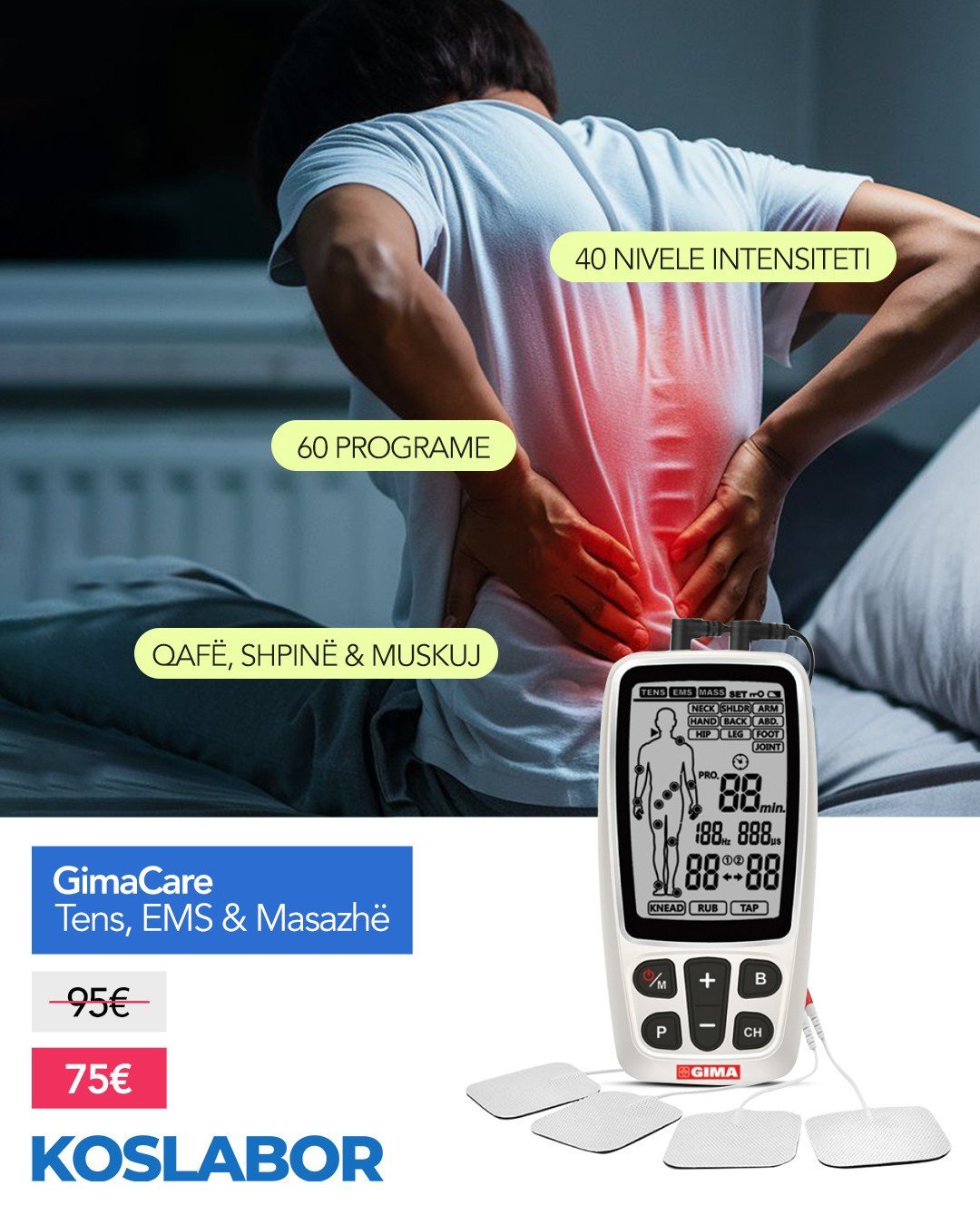 GIMA Care – Pajisje 3 në 1 për Lehtësim Dhimbjesh & Stimulim Muskujsh