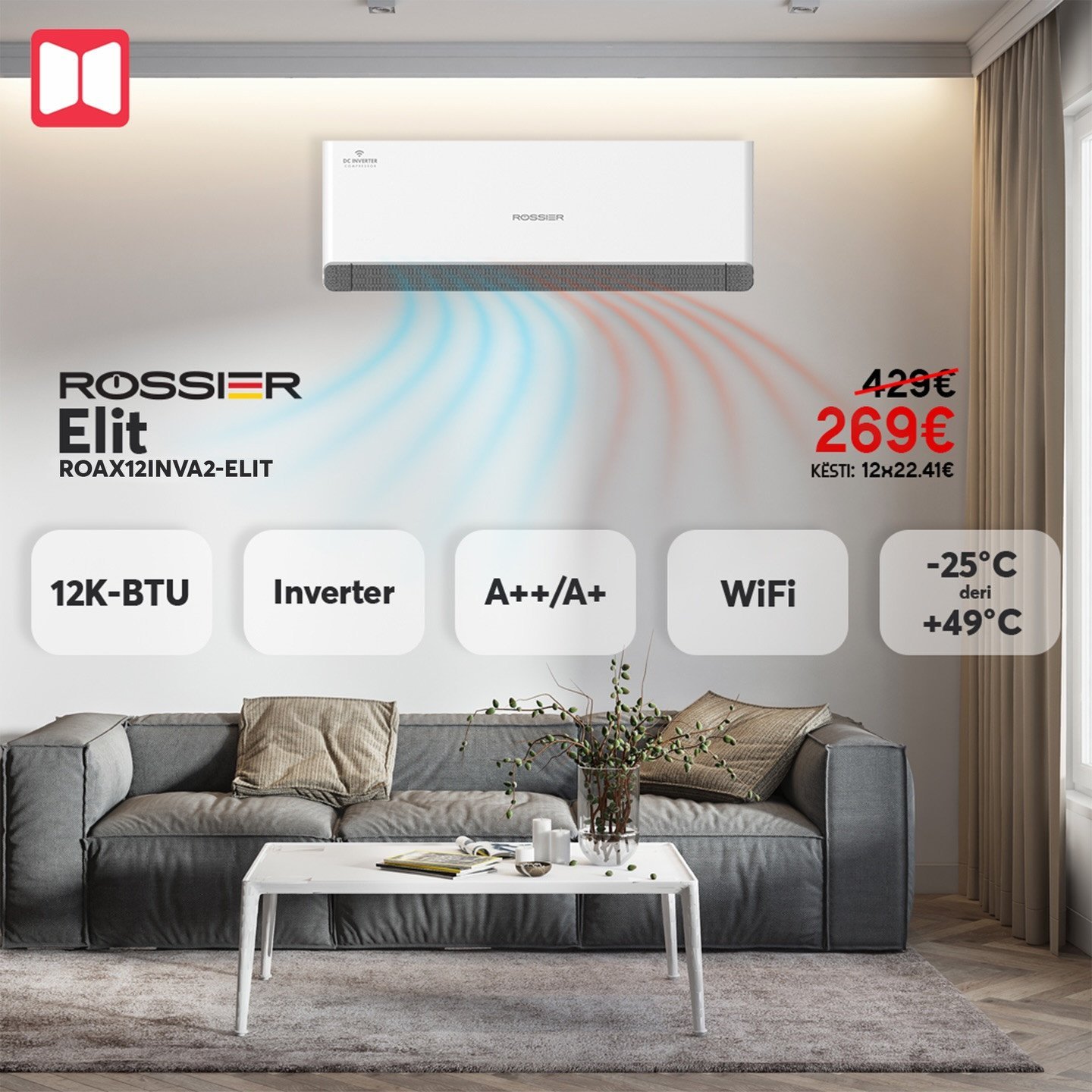 𝐑𝐨𝐬𝐬𝐢𝐞𝐫 𝐄𝐥𝐢𝐭 𝟏𝟐𝟎𝟎𝟎 𝐁𝐓𝐔 – kondicioneri perfekt për çdo stinë